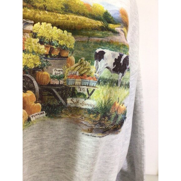 Vintage Cow Print Sweatshirt Pumpkins Fall Scene Womens Large - Picture 3 of 6